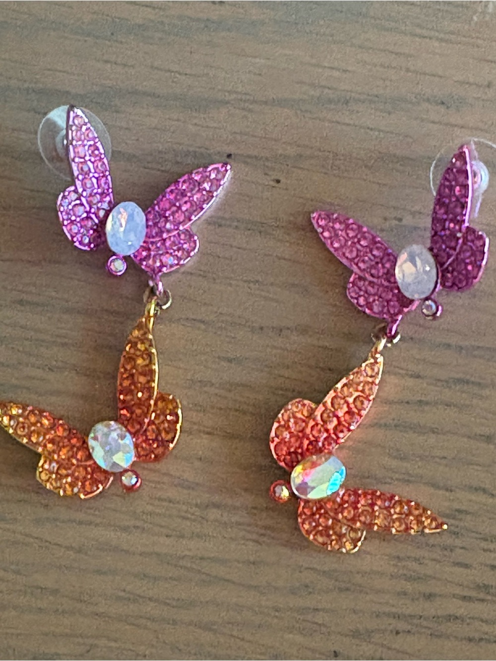 Betsey Johnson Pink and Orange Crystal Butterfly Drop Earrings